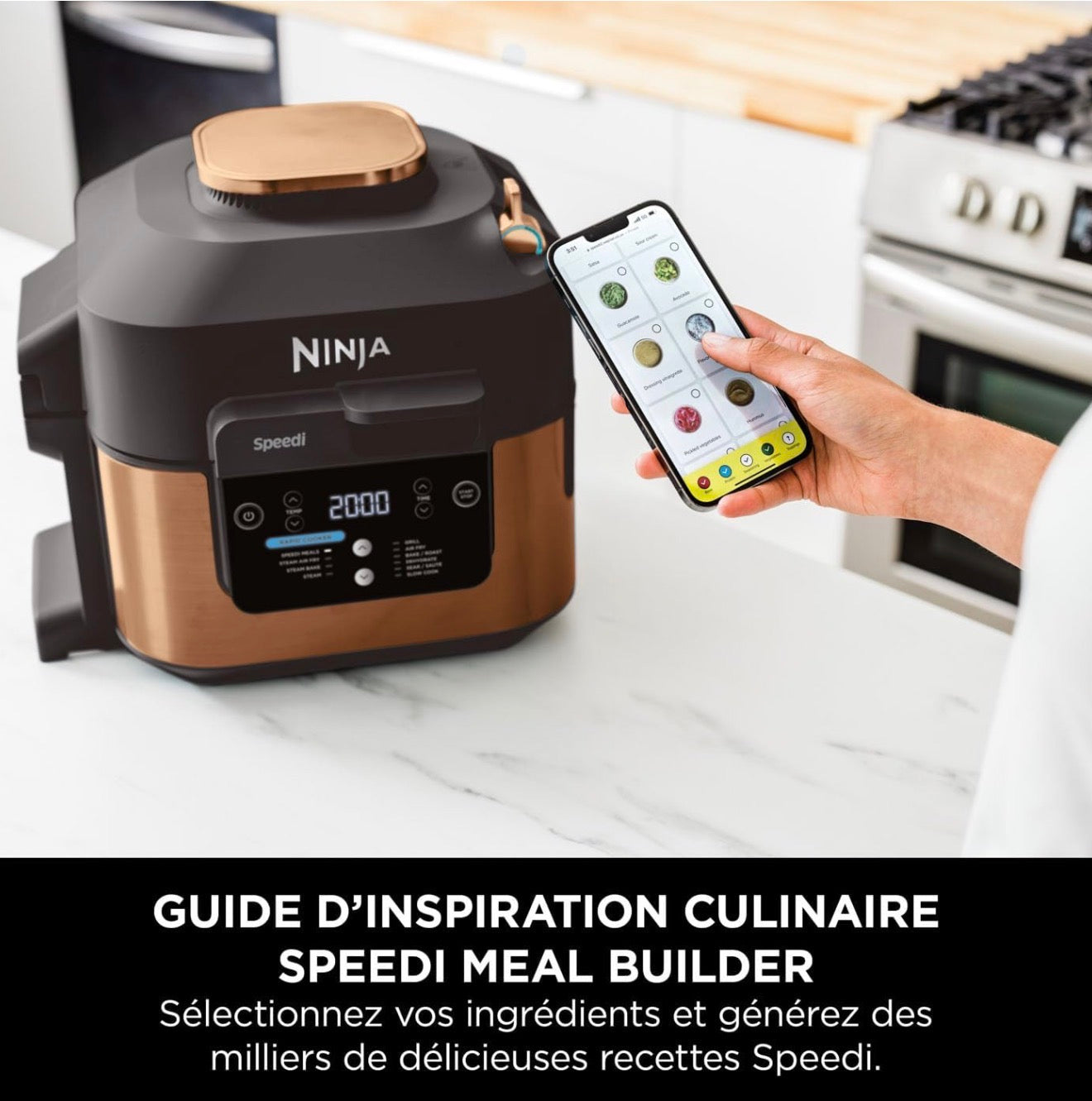 Ninja Speedi multicuiseur 10-en-1 vapeur/air,cuisson sans huile, nettoyage facile 5,7L, noir/cuivre