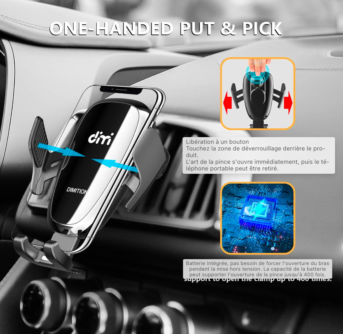 Support de téléphone portable Voiture avec fonction de chargeur, induction Qi 10w Chargeur sans fil Support de téléphone portable de voiture Kit de mise à niveau Chargeur de voiture avec 2 clips de ventilation Charge rapide pour iPhone 11/11 Pro Max/SE/Sa