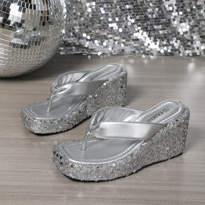 Sandales "Sparkle-Wedge" – Tongs Compensées à Paillettes & Finition Argentée