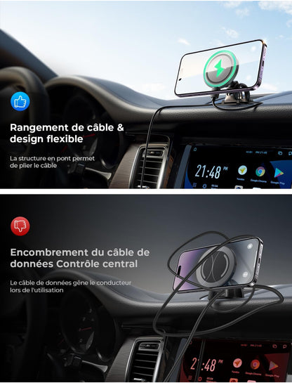 Chargeur sans fils 15W Support Telephone Voiture Induction, Chargeur Magsafe Voiture Rotation à 360°/Puce Intelligente Téléphone Voiture Magnétique Chargeur sans Fil Voiture pour iPhone 15 14 13 Pro Max Samsung