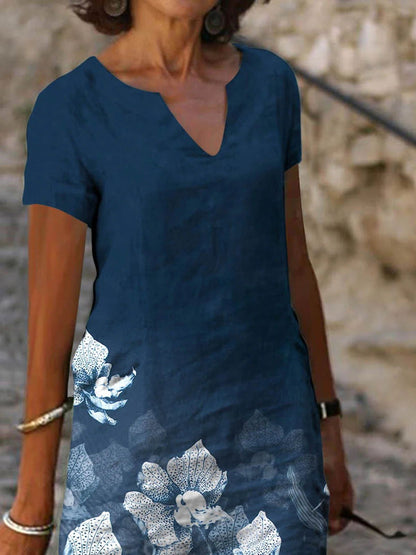 Robe "Gipsy-Linen" – Mi-Longue, Col en V & Imprimé Floral Artistique