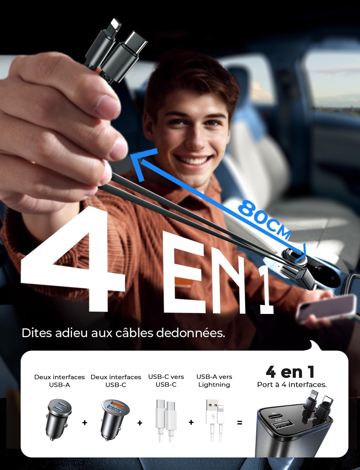 Chargeur Voiture USB C 69W 4 en 1 Rétractable[Câble Magique & Rebond Instantané] Chargeur Allume Cigare Voyage Camping Car Accessoires, Cadeau Maman Papa Cadeau Fête Des Meres pour iPhone 16 15