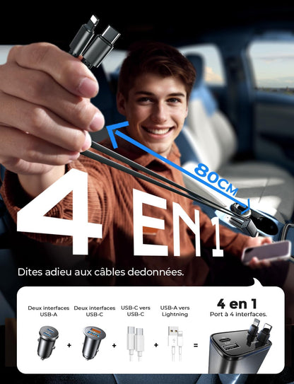 Chargeur Voiture USB C 69W 4 en 1 Rétractable[Câble Magique & Rebond Instantané] Chargeur Allume Cigare Voyage Camping Car Accessoires, Cadeau Maman Papa Cadeau Fête Des Meres pour iPhone 16 15