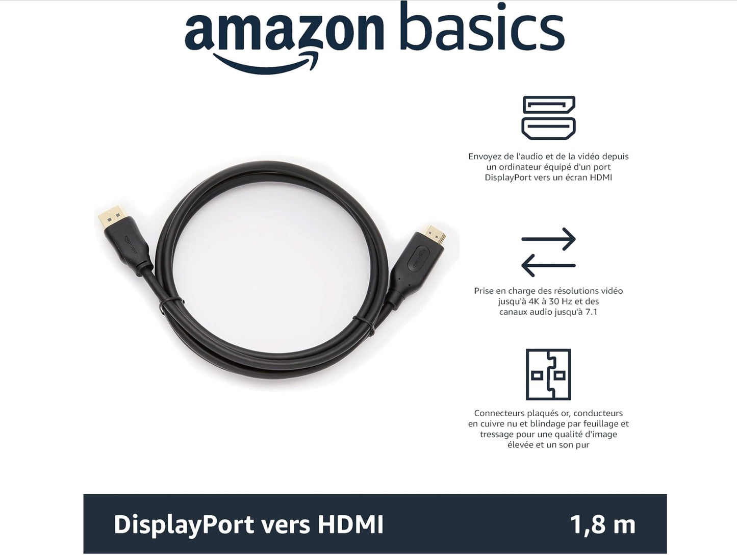 Amazon Basics Câble DisplayPort vers HDMI - 1,8 m, Lot de 10, Noir