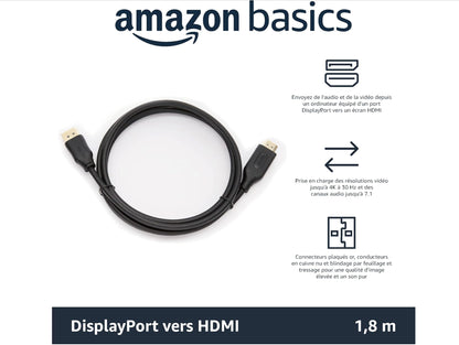 Amazon Basics Câble DisplayPort vers HDMI - 1,8 m, Lot de 10, Noir