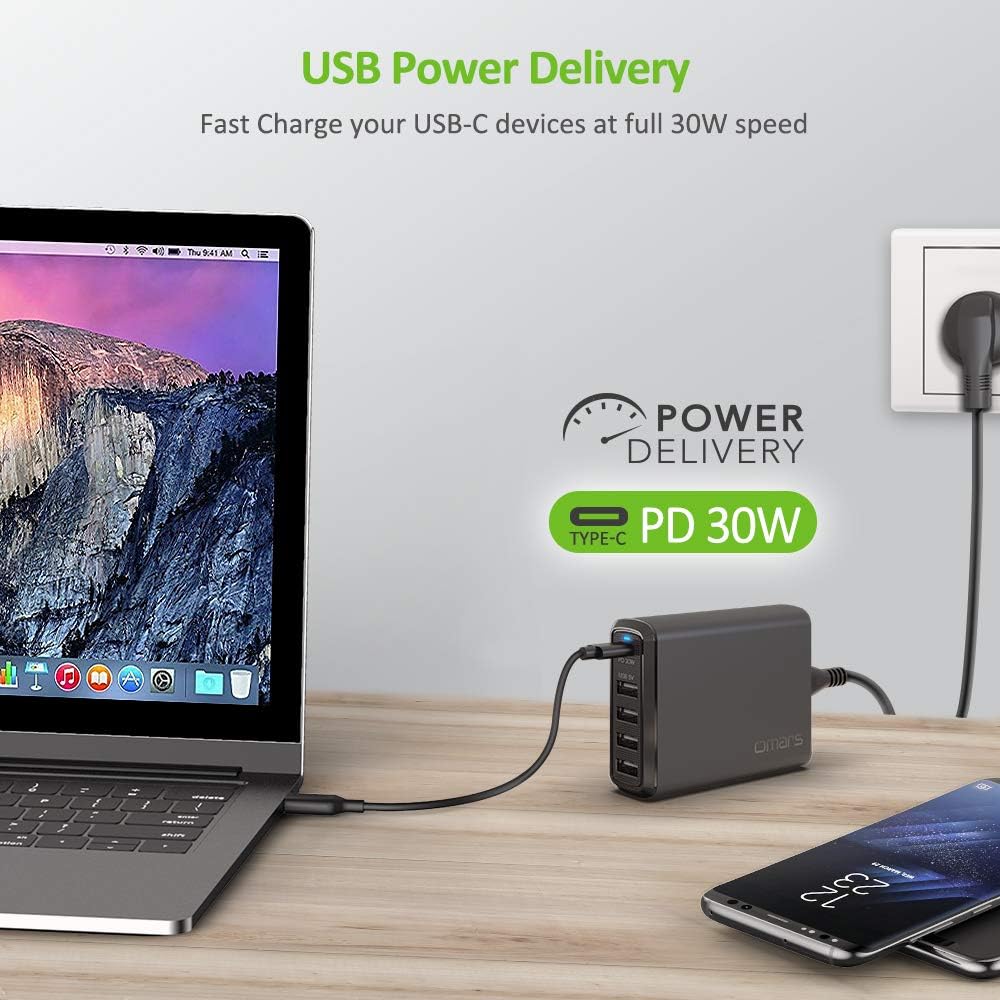 Omars Chargeur Secteur USB 60W Total avec 5 Sortie, 1xUSB-C PD 30W et 4xUSB-A 5V 2.4A Chaque, Chargeur Mural Adaptateur Prise Compatible avec MacBook Switch MateBook iPad Pro iPhone 11 XS Max XS XR X