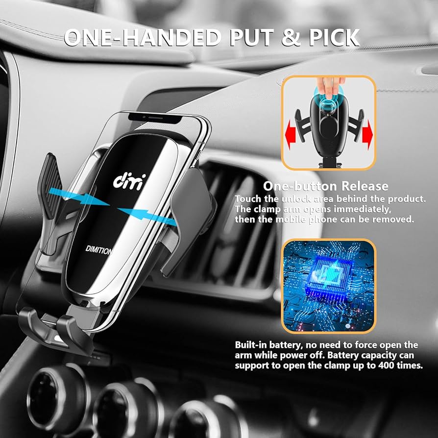 Support de téléphone portable à serrage automatique pour téléphone de voiture DM Support de téléphone portable pour chargeur sans fil de voiture Batterie intégrée Compatible avec iPhone Xs Max/XR/XS/X/8 Plus, Samsung Galaxy S10/S10 Plus/S9/S8/S7/Note 9 10