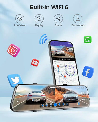 AZDOME PG17 4K Caméra de Tableau de Bord Miroir 12", caméra de rétroviseur WiFi avec caméra arrière étanche 1080P, Carte 64 Go Incluse, GPS, Vision Nocturne WDR, contrôle Vocal, Assistant de Conduite