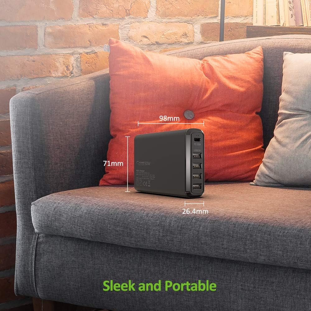 Omars Chargeur Secteur USB 60W Total avec 5 Sortie, 1xUSB-C PD 30W et 4xUSB-A 5V 2.4A Chaque, Chargeur Mural Adaptateur Prise Compatible avec MacBook Switch MateBook iPad Pro iPhone 11 XS Max XS XR X