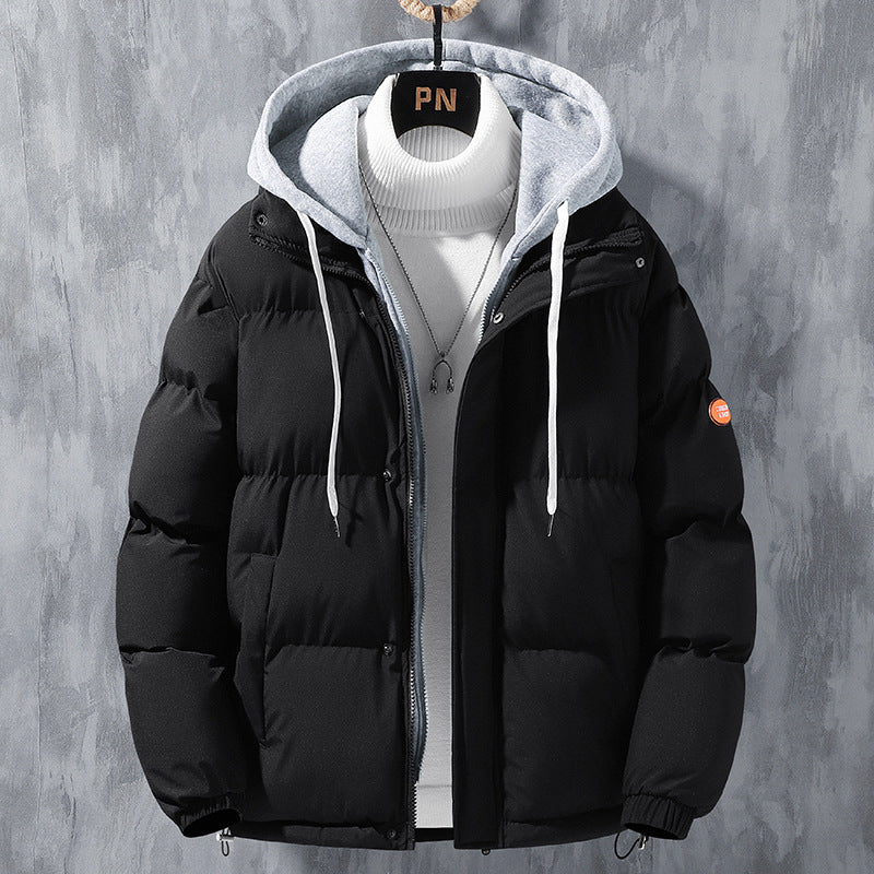 Veste à capuche de mode Hommes Hiver Coupe-vent épaissi faux manteau deux pièces Solide Loisirs Sports Veste en coton