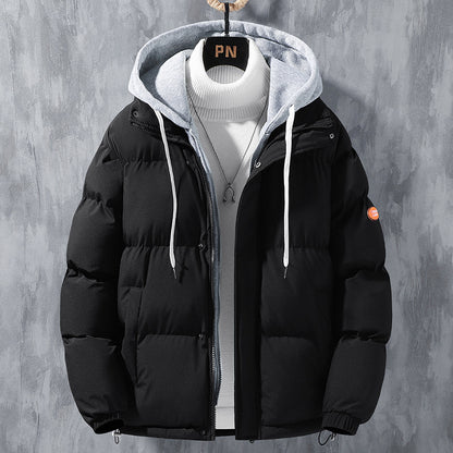Veste à capuche de mode Hommes Hiver Coupe-vent épaissi faux manteau deux pièces Solide Loisirs Sports Veste en coton