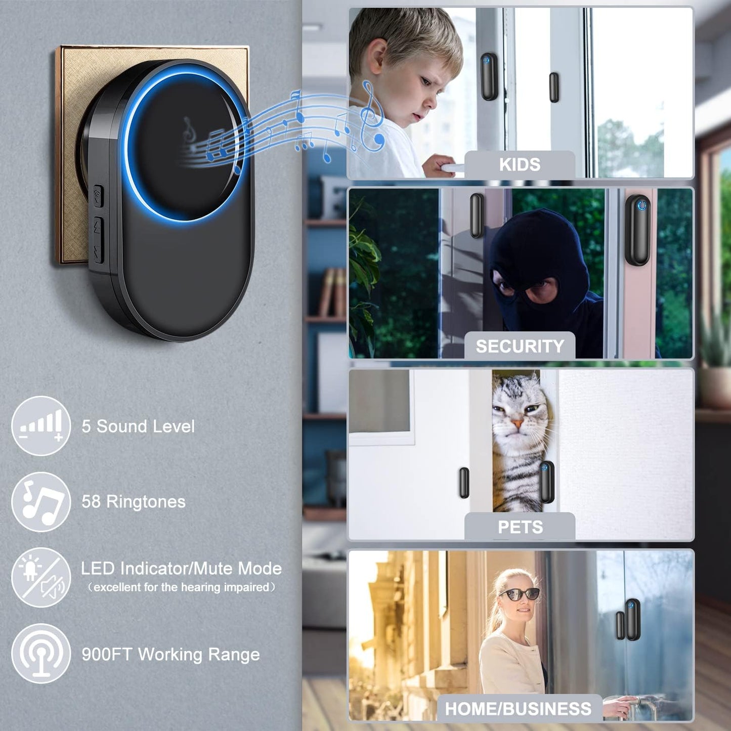 Sonnette de Portée , Detecteur sans Fil pour Portes et Fenêtres, 58 sonneries, système d'alarme de sécurité à Domicile, sécurité de Magasin
