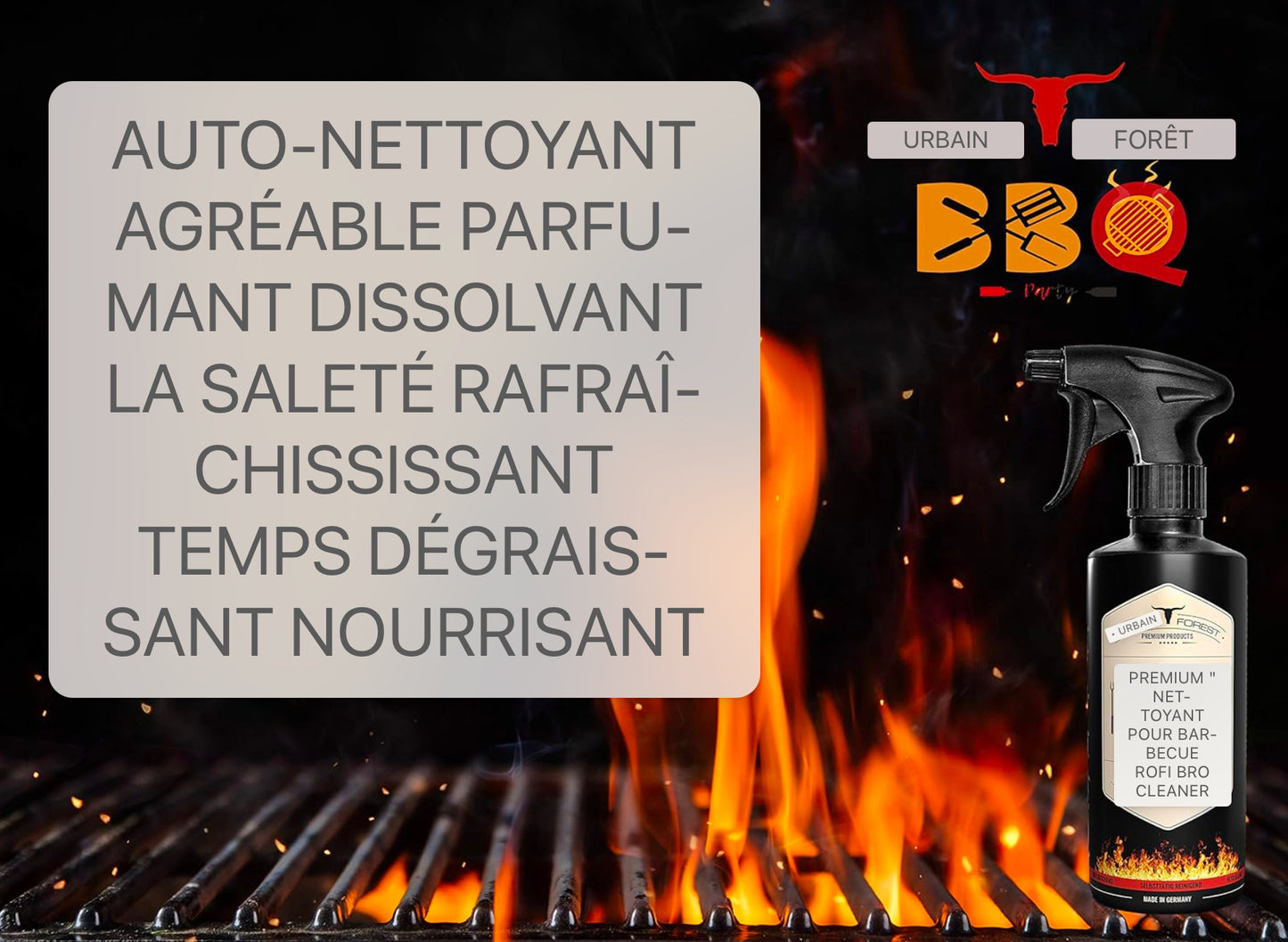 URBAN FOREST® Premium Nettoyant pour gril avec formule de puissance active 500ml contre les dépôts tenaces, la suie et la graisse | Nettoyant pour gril pour le nettoyage du gril pour barbecue à gaz Grille de gril en fonte en acier inoxydable et bien plus
