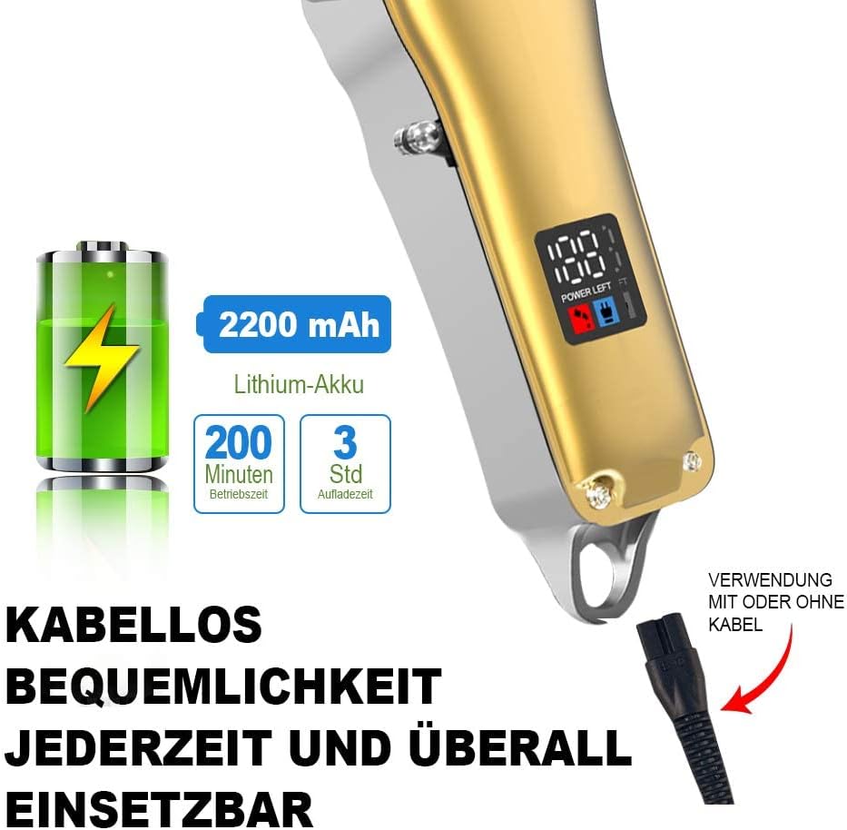 Tondeuse à cheveux professionnelle pour homme, câble USB/sans fil, rechargeable avec écran LED (doré)