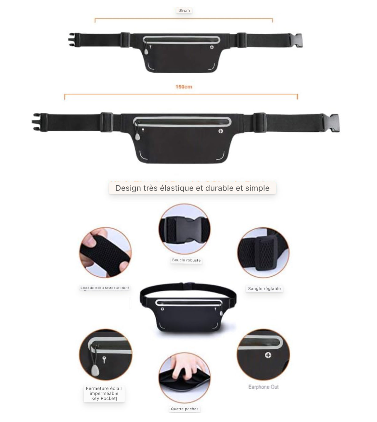 Ensemble de bracelet de sac de hanche de sport, ensemble de sac de course de sport et de bracelet pour smartphones ceinture de course de jogging, sac banane femme homme, avec porte-clé, trou pour casque et bande d'extension - Noir