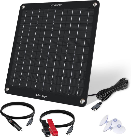 12 Volt 10W Chargeur de batterie de voiture solaire, Charge d'entretien de panneau solaire, Alimentation de secours de panneau solaire portable avec adaptateur de pinces crocodile pour voiture, bateau, moto, camping-car, camion