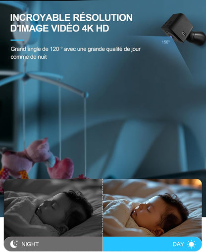 Camera Espion,WiFi（2.4GHz） 4K HD Mini Caméra de Surveillance Interieur/Extérieur sans Fil avec Enregistrement Distance Discrete Mini Détection Mouvement/Vision Nocturne/Longue Batteries