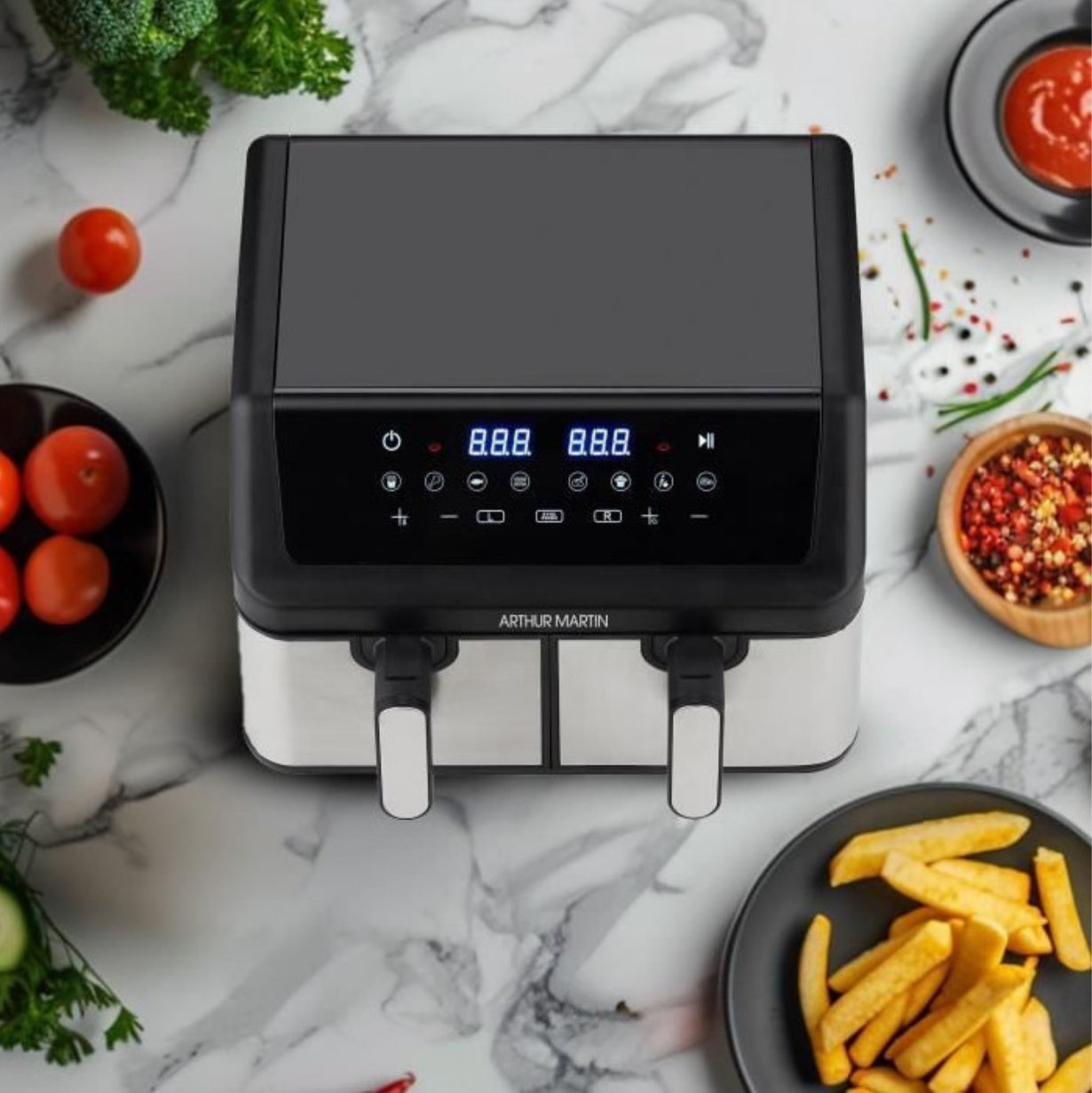 FRITEUSE SANS HUILE - ARTHUR MARTIN - AIRFRYER - 2 CUVES DE 4,5L - 2000W - AFFICHAGE LED neuve