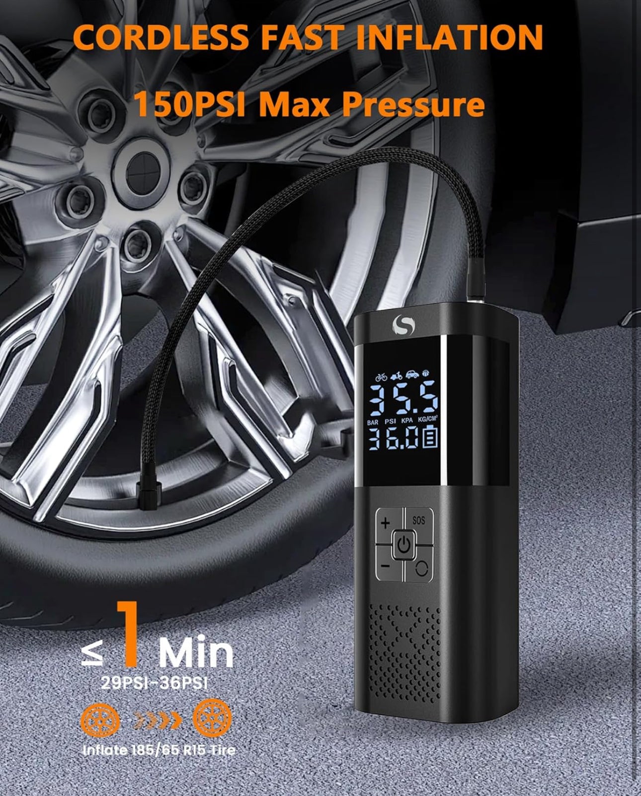Compresseur à Air Portatif, Gonfleur Pneus Voiture sans Fil avec Jauge, Accessoire Voiture pour Hommes, Mini Compresseur 150PSI 12V DC avec Lumière LED pour Voiture Moto Bicyclette Boule