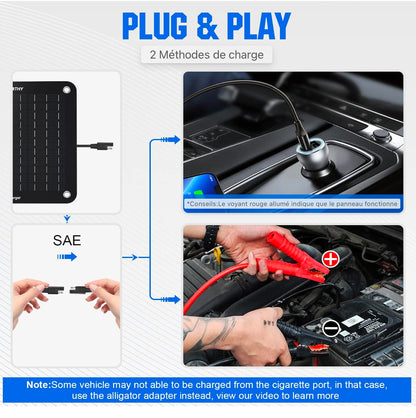 12 Volt 10W Chargeur de batterie de voiture solaire, Charge d'entretien de panneau solaire, Alimentation de secours de panneau solaire portable avec adaptateur de pinces crocodile pour voiture, bateau, moto, camping-car, camion