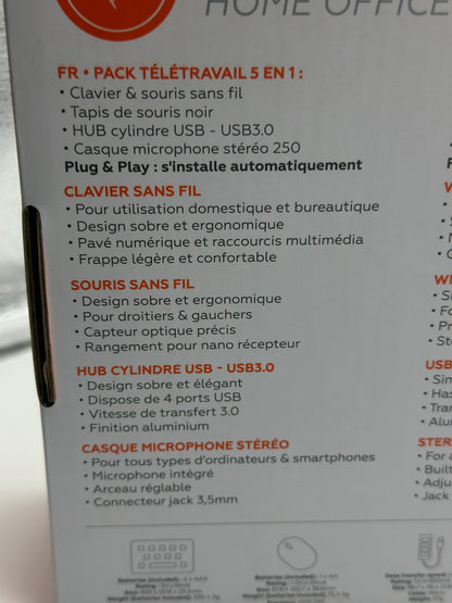 Pack Clavier AZERTY sans Fil, Souris, Tapis de Souris, HUB 4 Ports USB, Casque-Micro