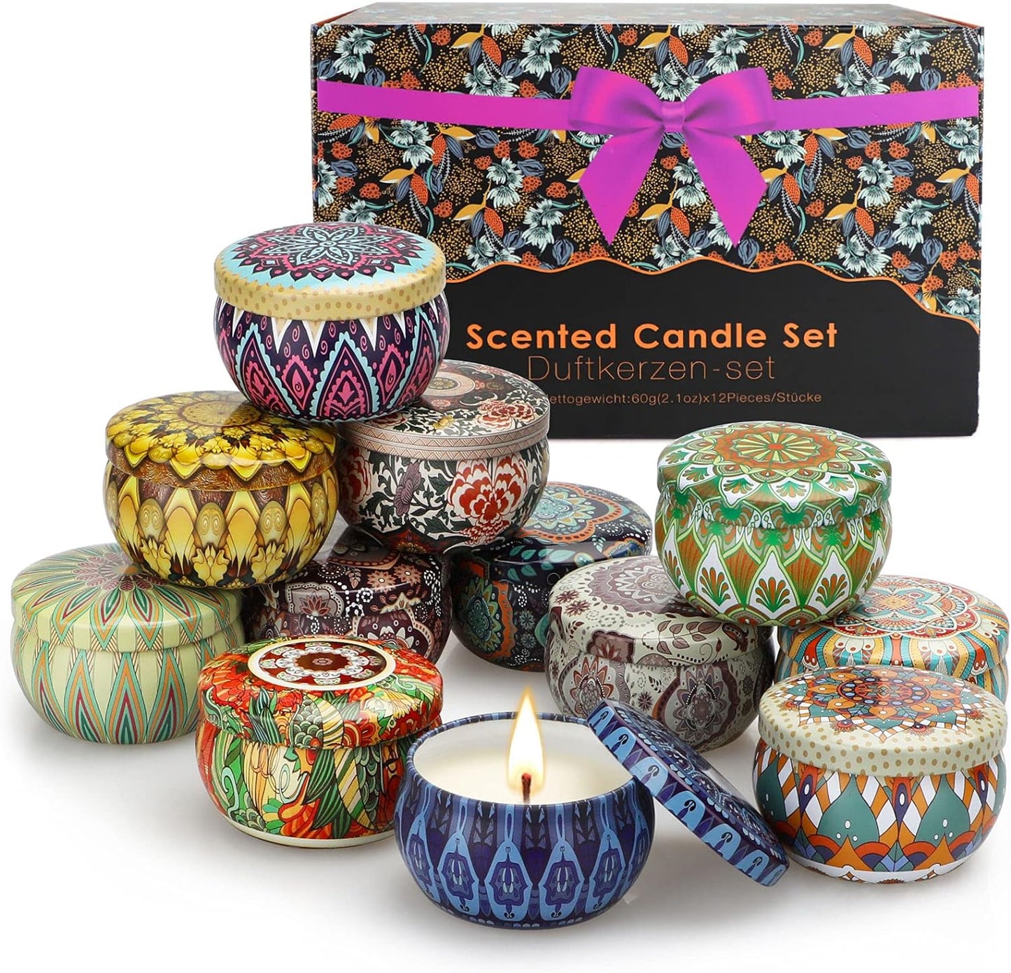 Coffret Cadeau de Bougies Parfumées, 12 bougies d'aromathérapie, Bougies 100% Soja neuves