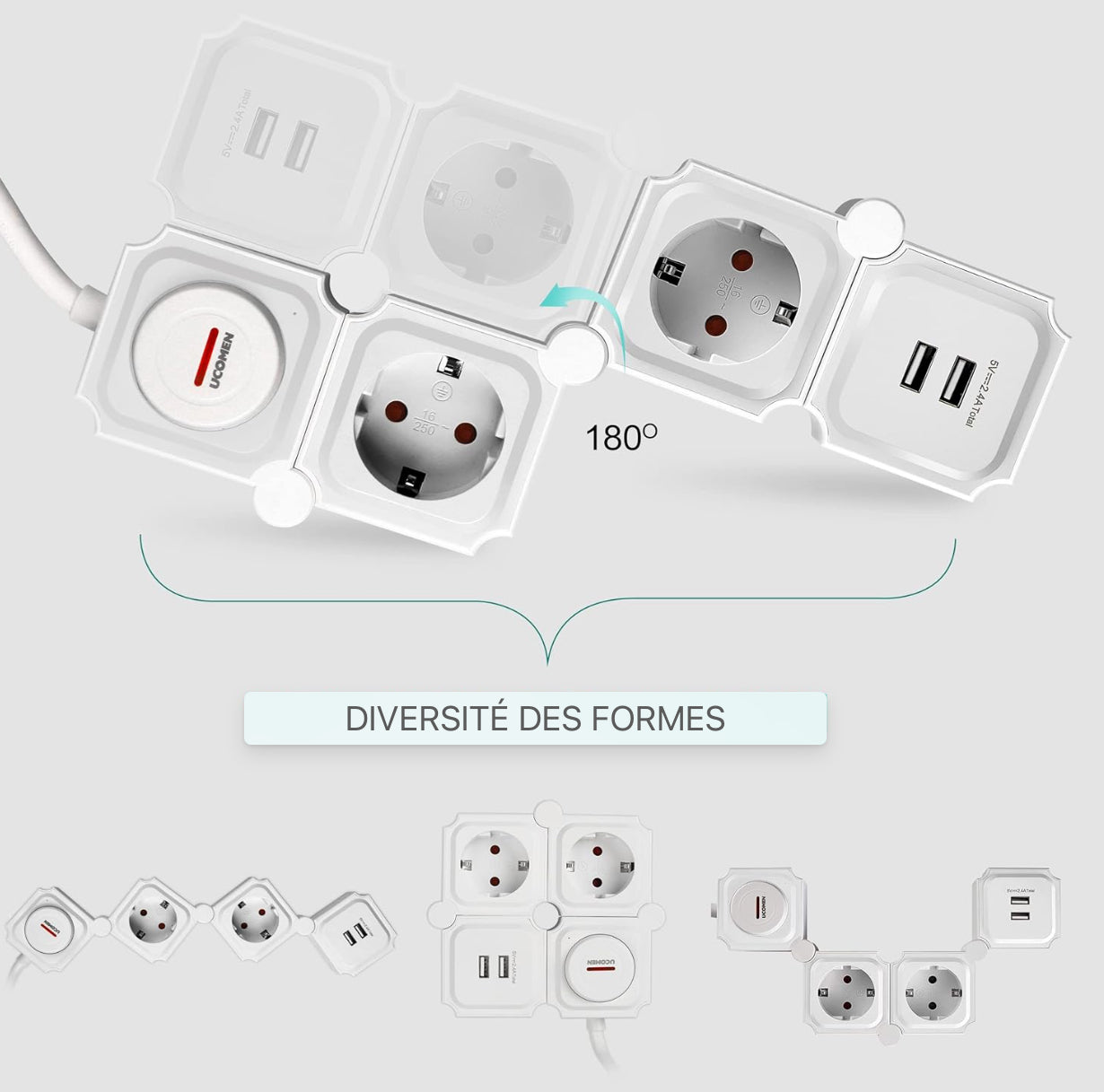 Multiprise Protection contre les surtensions Prise multiple avec fonction de charge USB, adaptateur de prise à 2 compartiments, répartiteur de prise à rotation de 180 degrés pour voyage avec interrupteur, à la maison 3680W 16A, blanc
