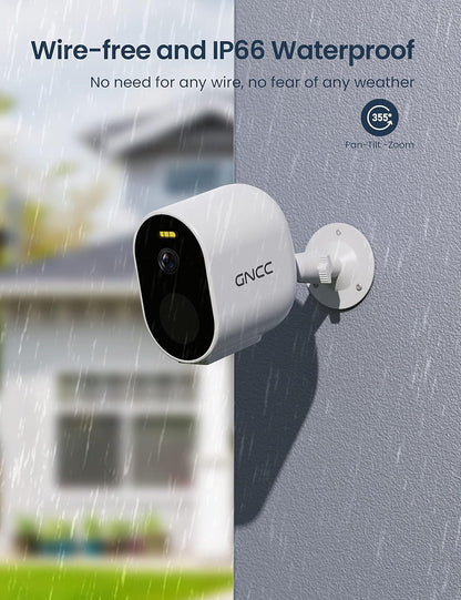GNCC W1 Caméra de sécurité sans fil avec passerelle, alimentation par piles 2,4 G, caméra de sécurité domestique avec projecteur, vision nocturne couleur FHD 1080p, détection PIR, étanche, sans frais mensuels