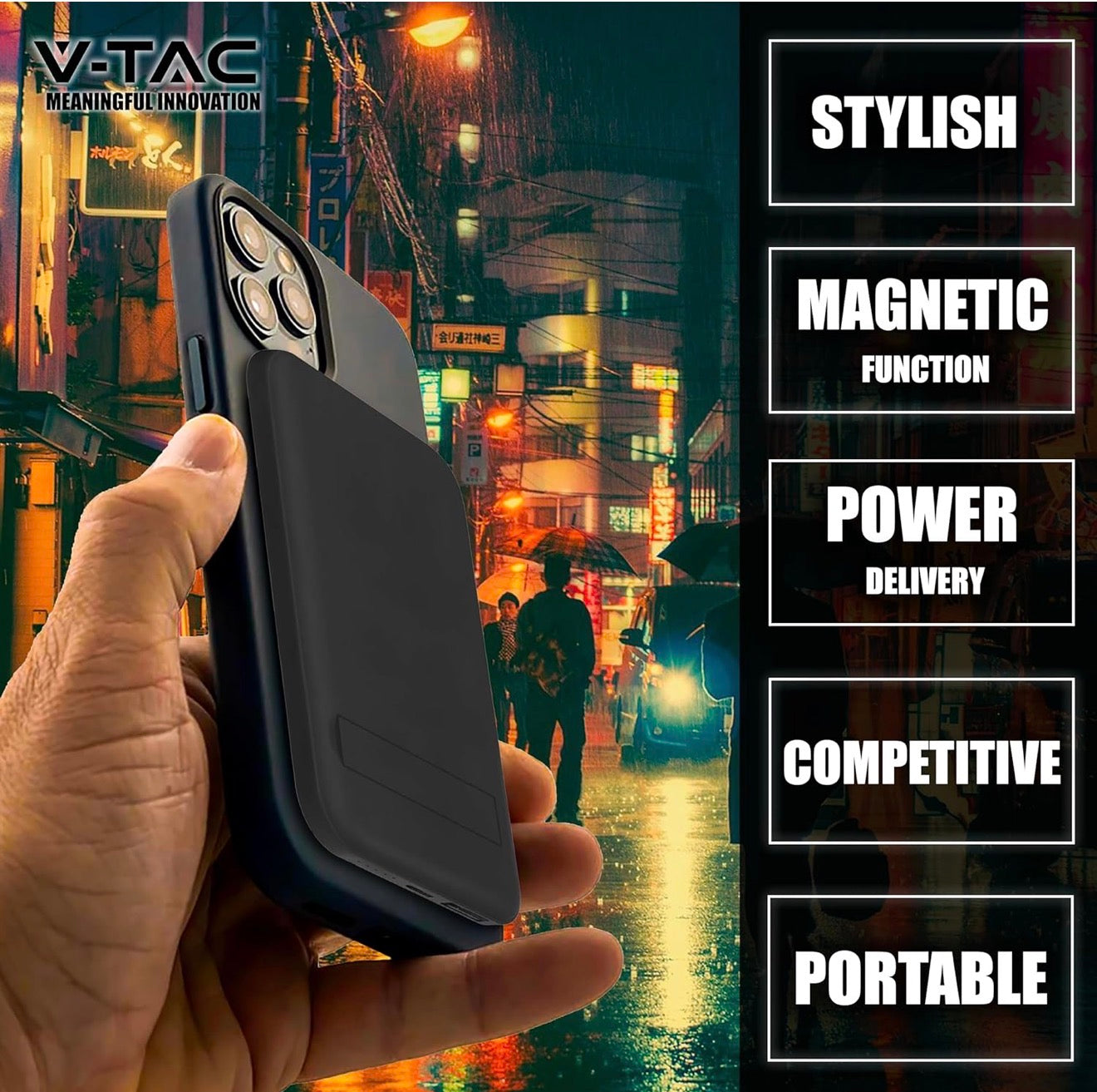 V-TAC Power Bank Magnétique Compatible avec MagSafe - 10 000 mAh - Charge Rapide PD 20 W - Batterie Externe pour Apple iPhone 12/13/14/15/Mini/Pro/Max - Noir