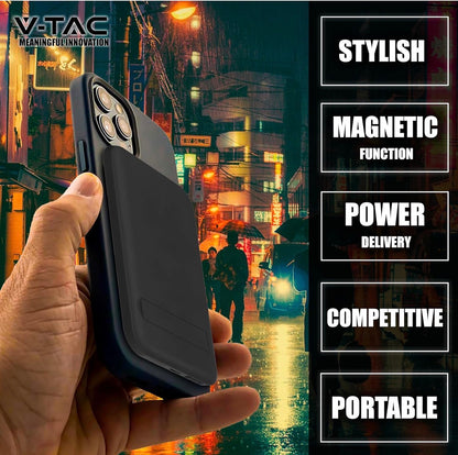 V-TAC Power Bank Magnétique Compatible avec MagSafe - 10 000 mAh - Charge Rapide PD 20 W - Batterie Externe pour Apple iPhone 12/13/14/15/Mini/Pro/Max - Noir