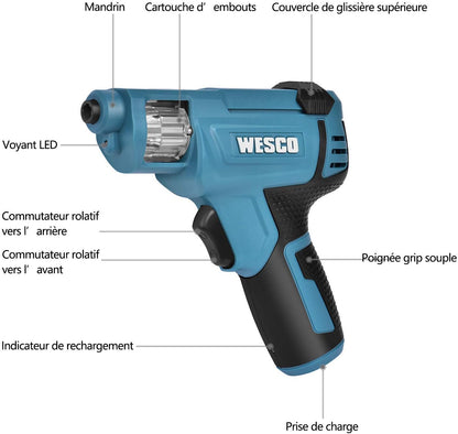 WESCO Tournevis Electrique, Visseuse sans Fil 3.6V Batterie Li-ion 1500mAh avec 6pcs Embouts de Vissage, Petit Léger, LED lumière, Changement de Embouts Pratique WS2013