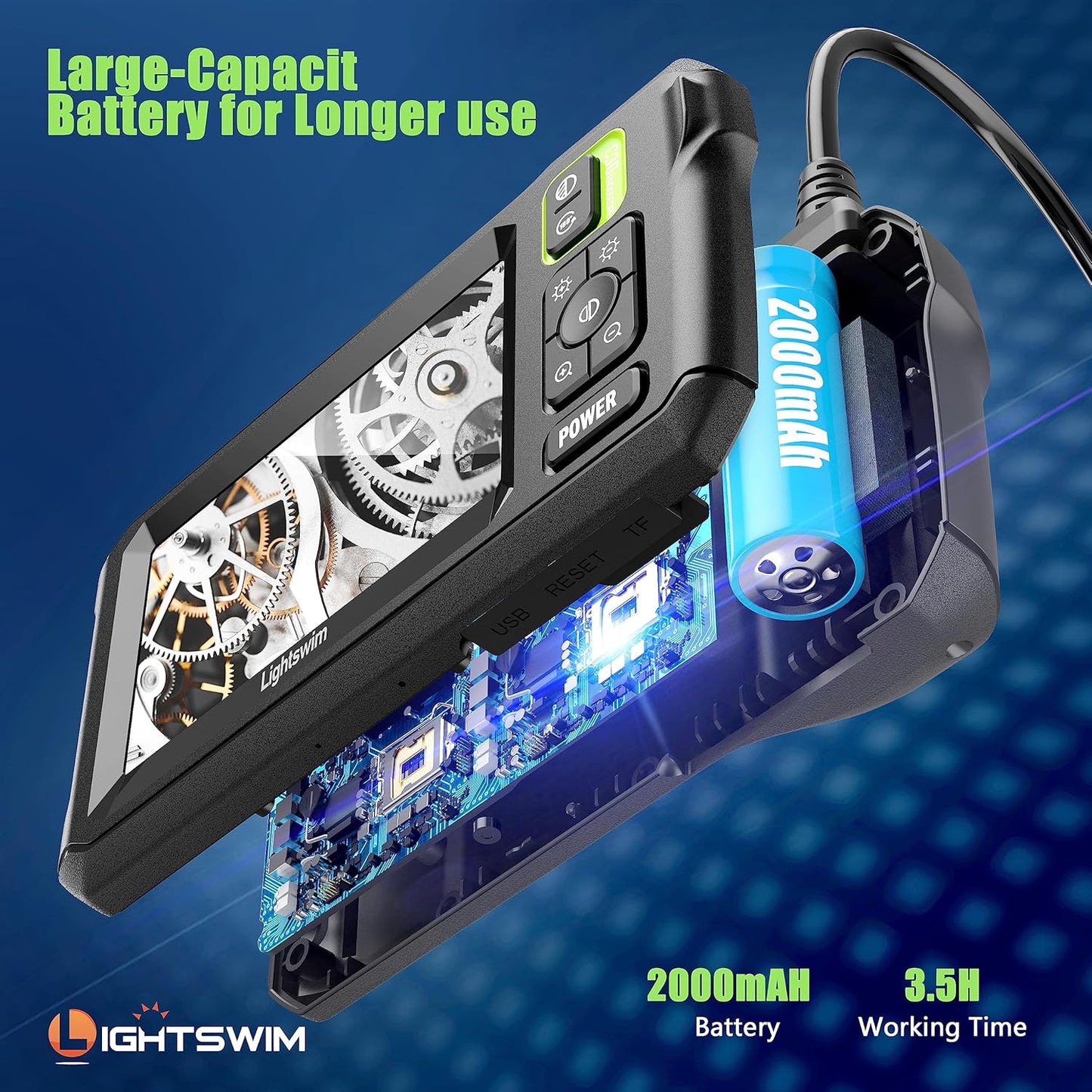 Endoscope Industriel HD 1920p, Endoscope numérique étanche 4,3" écran LCD caméra d'inspection Serpent avec 8 lumières LED, câble Semi-Rigide de 5 m