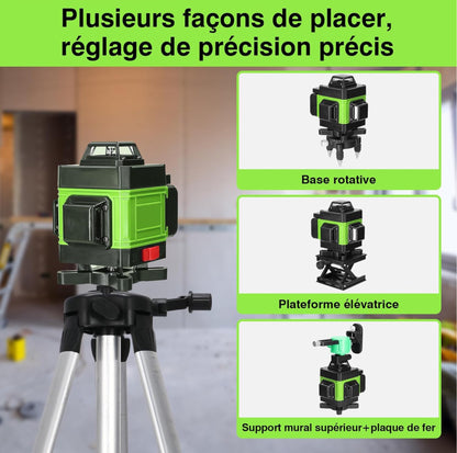 Niveau Laser 4D 16 Lignes ±3° Niveau Automatique, 2x2400 mAh Batteries Rechargeables IP54, 1.2M 3-Réglable trépied