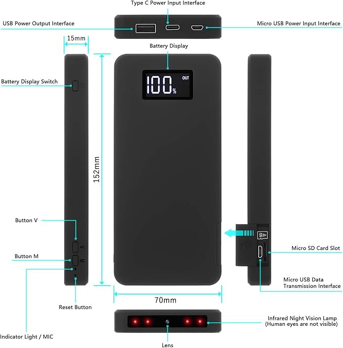 Caméra Espion Cachée, Mini Caméra de Sécurité 10000mAh Portable Charger Caméra de Surveillance 1080P avec Vision Nocturne Détection de Mouvement Capteur de Gravité(Pas de Carte SD)