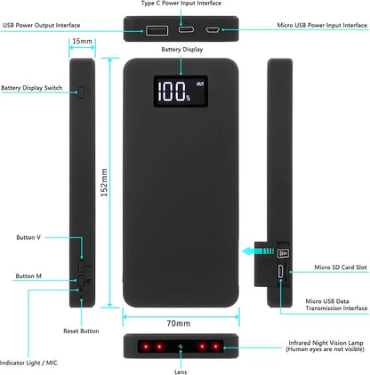 Caméra Espion Cachée, Mini Caméra de Sécurité 10000mAh Portable Charger Caméra de Surveillance 1080P avec Vision Nocturne Détection de Mouvement Capteur de Gravité(Pas de Carte SD)