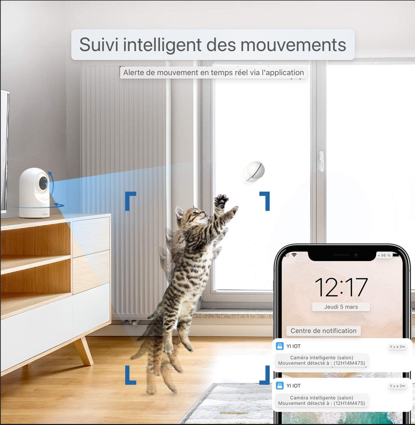 Caméra WiFi pour la sécurité domestique 1080P Pan/Tilt 2.4GHz pour moniteur bébé/animal de compagnie/nounou Vision nocturne Détection de mouvement Audio bidirectionnel Fonctionne avec Alexa