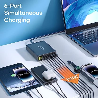 Chargeur Rapide USB C, 160W GaN 6-Port avec LED Display, Chargeur Secteur Multiple avec 3 USB-C et 3 USB-A PPS PD 3.0 für Macbook Pro/Air Laptop iPhone iPad Samsung