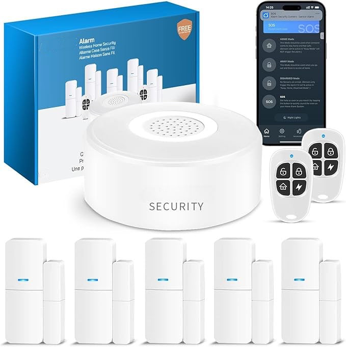 Alarme Maison sans Fil Intelligent WiFi - Alarme de Porte, 1 Alarme avec Sirène, 5 Capteurs de Fenêtre et de Porte, 2 Télécommande, Compatible avec Alexa, Google Assistant