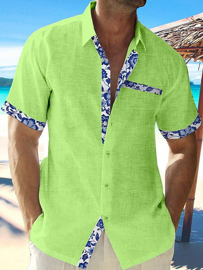 Chemise "Riviera-Floral" – Manches Courtes, Texture Lin & Détails Imprimés