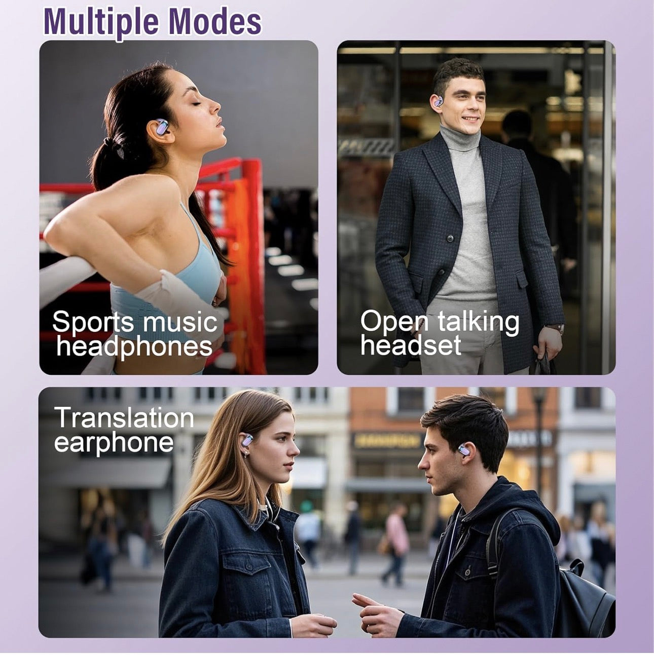 AI Ecouteur Traducteur Instantané, 58H Bluetooth 5.4 Ecouteurs sans Fil Open Ear avec 164 Langues, 3 en 1 Écouteur Traduction Vocale Instantanée, 7 Modes de Traduction, pour Affaires, Violet