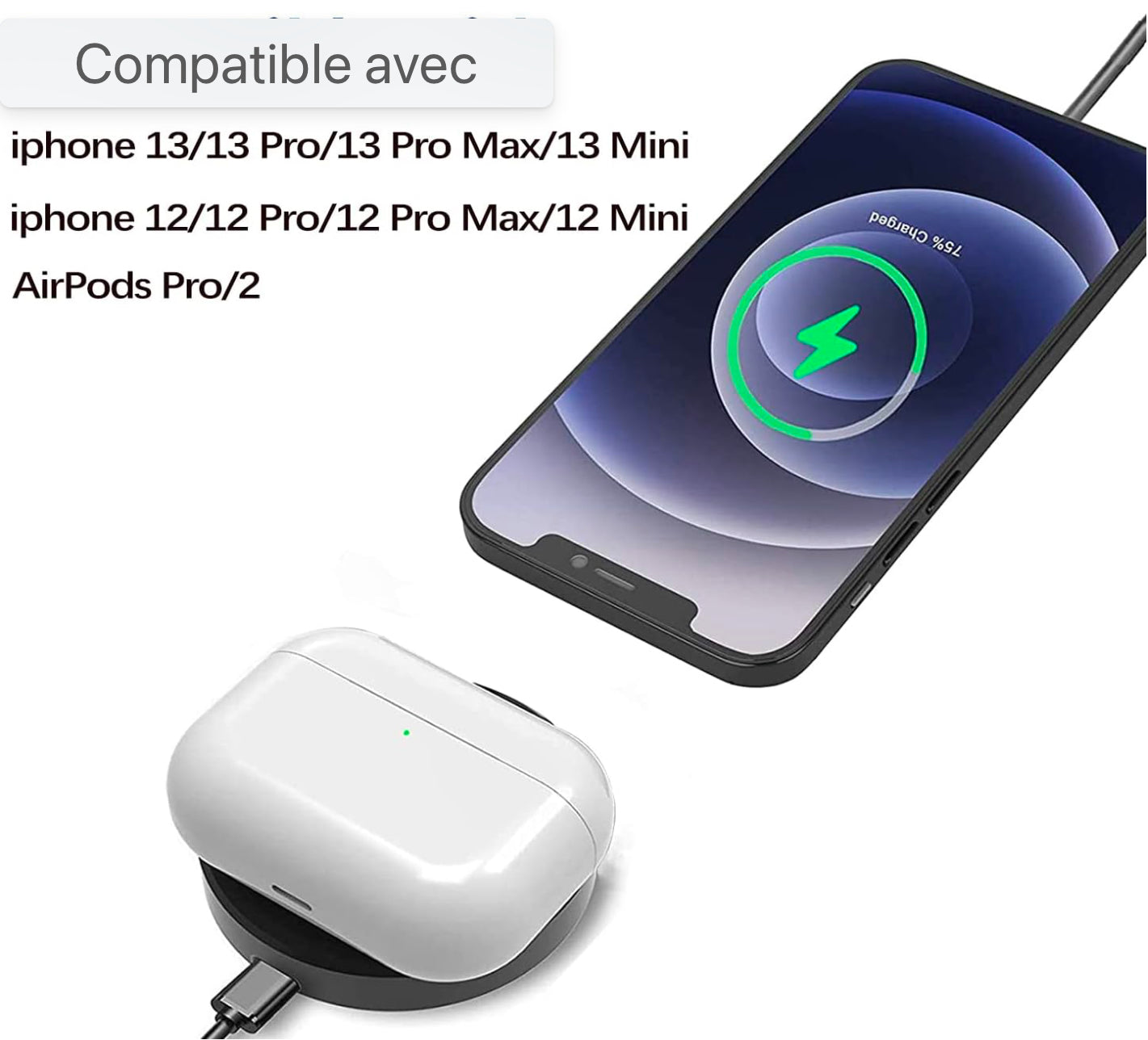 Chargeur sans fil magnétique, chargeur sans fil Qi Chargeur rapide sans fil Compatible avec iPhone 13/13 Pro/13 Pro Max/12/12 Pro/12 Pro Max/12 Mini/AirPods Pro/2