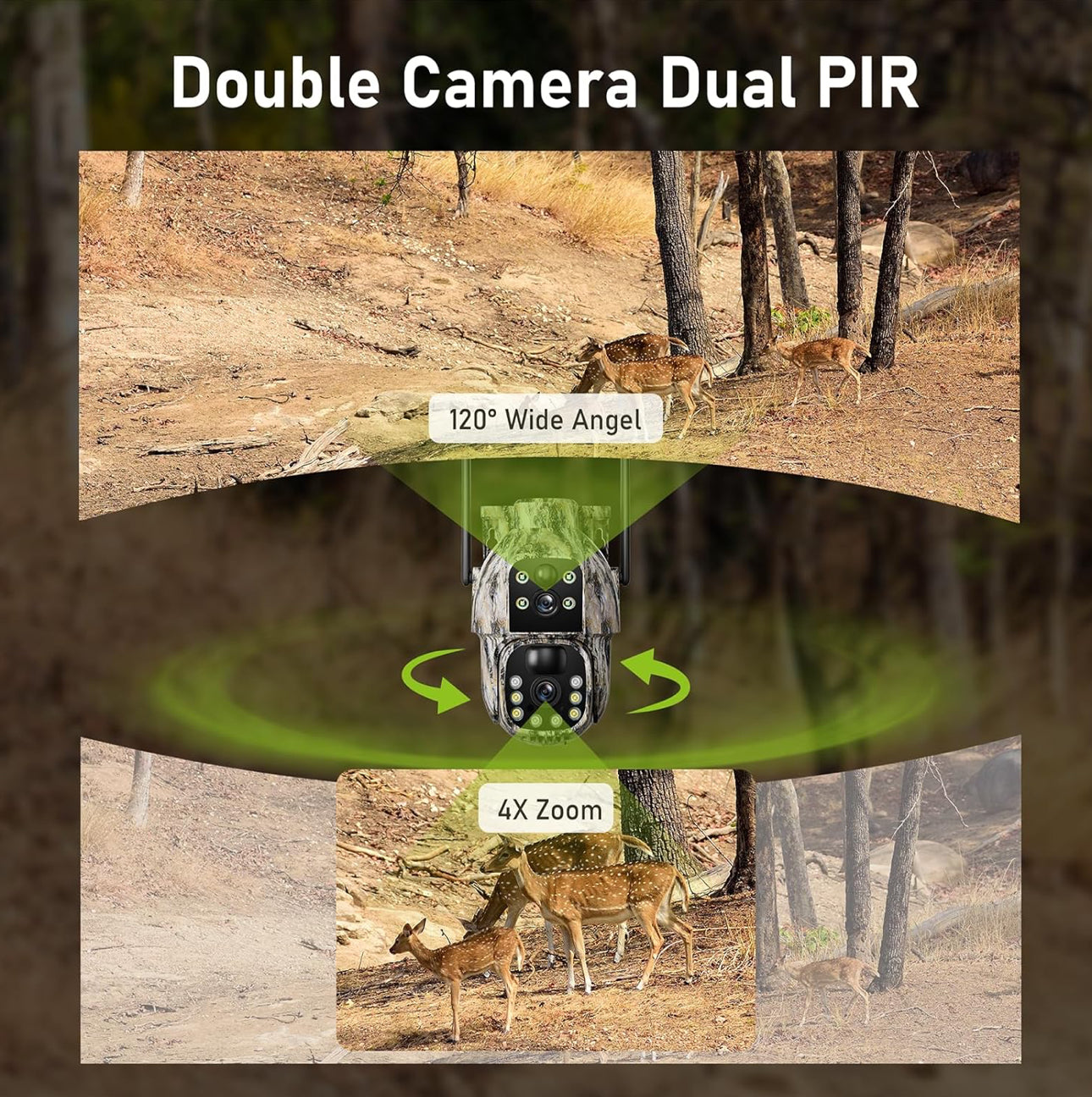 Camera Chasse 4G, Batterie 12000mAh, 2K+2K Double Caméra 4G Autonome,Camera 4G Solaire Exterieur avec détection de Mouvement,Vision Nocturne Couleur,Suivi Automatique,IP66（sans Panneau Solaire）compatible avec tout les opérateurs mobiles