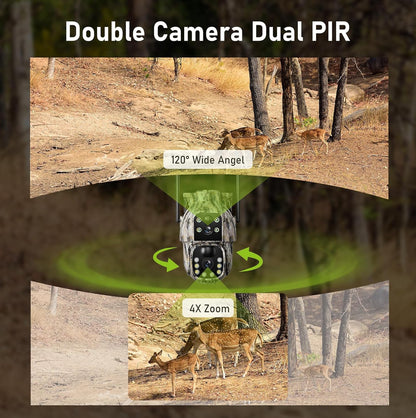 Camera Chasse 4G, Batterie 12000mAh, 2K+2K Double Caméra 4G Autonome,Camera 4G Solaire Exterieur avec détection de Mouvement,Vision Nocturne Couleur,Suivi Automatique,IP66（sans Panneau Solaire）compatible avec tout les opérateurs mobiles