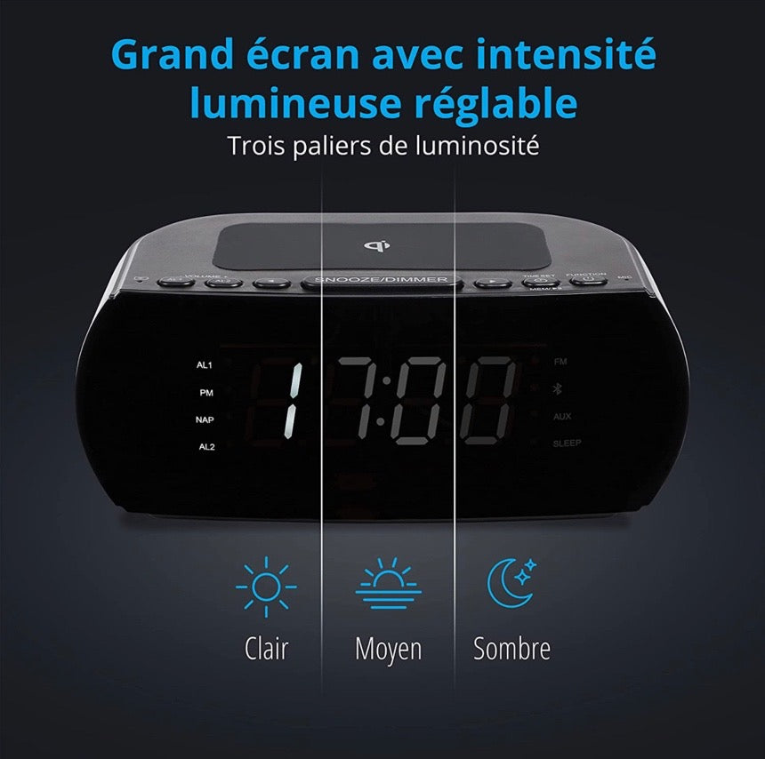 Radio-réveil avec Station de Charge sans Fil, Qi Pad de Charge Rapide iPhone Samsung, Bluetooth