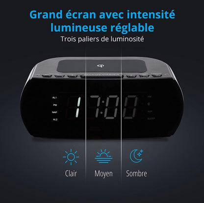 Radio-réveil avec Station de Charge sans Fil, Qi Pad de Charge Rapide iPhone Samsung, Bluetooth