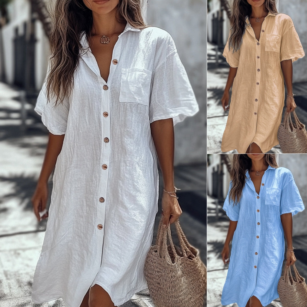 Robe Chemise "Elegance-Flow" – Coupe Ample, Col à Revers & Boutonnage Classique
Le chic minimaliste pour un été tout en confort