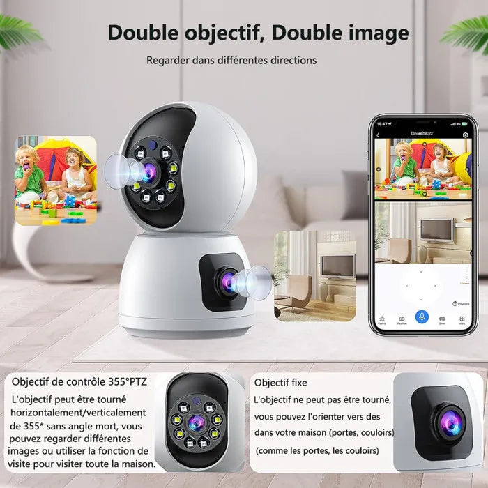 Caméra Surveillance WiFi Sans Fil Interieur 2MP+2MP Double Objectif Babyphone