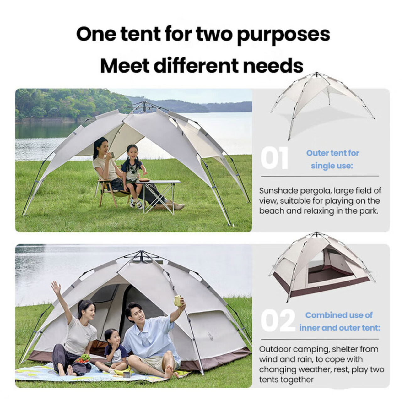 Tente double couche - Tente dôme, dépliante automatique - Équipement de randonnée et de camping en plein air - Couleur fromage, pour 3-4 personnes