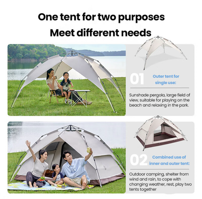 Tente double couche - Tente dôme, dépliante automatique - Équipement de randonnée et de camping en plein air - Couleur fromage, pour 3-4 personnes