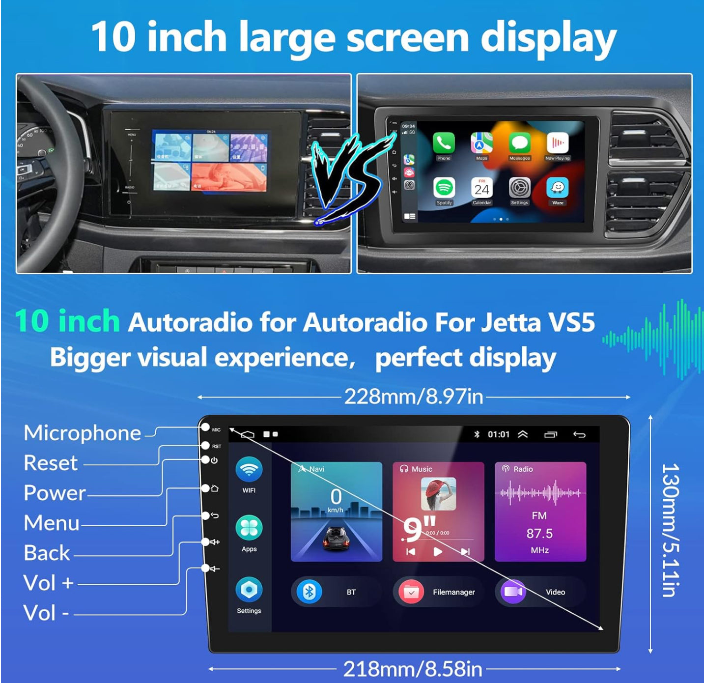 CAMECHO Android 11 Autoradio pour VW Jetta vs5 2020, Wireless Carplay Android Auto, 10.1" HD écran Double Din Bluetooth avec GPS HiFi Support FM RDS SWC + AHD Caméra de recul